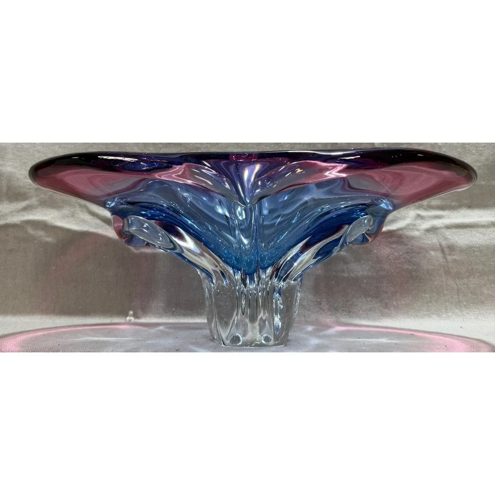 Vintage Czech Sommerso Art Glass Pedestal Bowl Pink Blue MCM Centerpiece